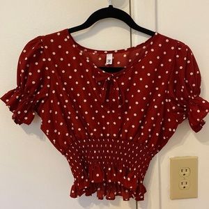 Baage Cropped Red Dotted Puff-Sleeve Blouse